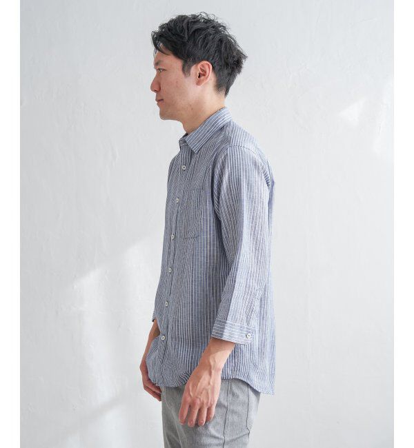 ikka「【吸水速乾】7分袖イージーケアリネンストライプシャツ」|シャツ・ブラウス|