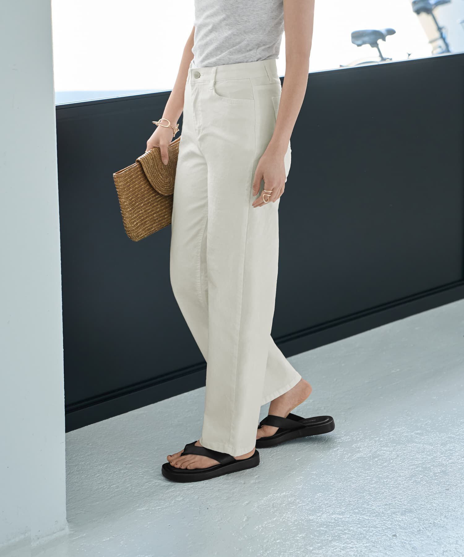 STYLE DELI「ウエストにゴム内蔵のストレッチコットンストレートパンツ」|チノ|