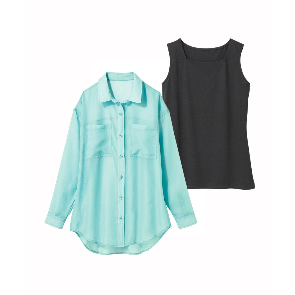 BACKYARD FAMILY「シアーシャツ ブラウス レディース 通販 透け感楽しむタンクトップ付シアーブラウス シャツ 長袖」|シャツ・ブラウス|グリーン1