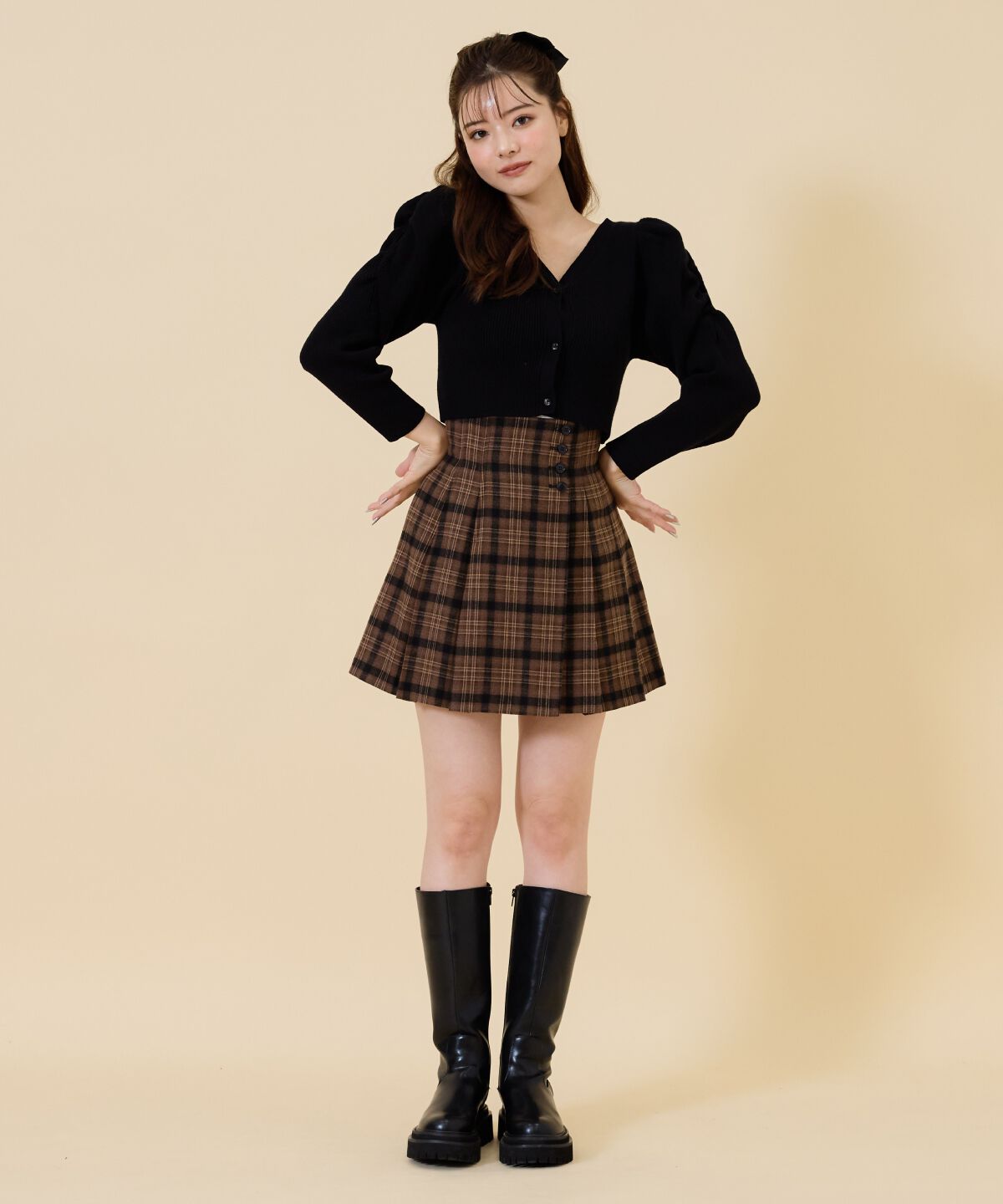 REDYAZEL「ハイウエストチェックミニスカート」|フレア|