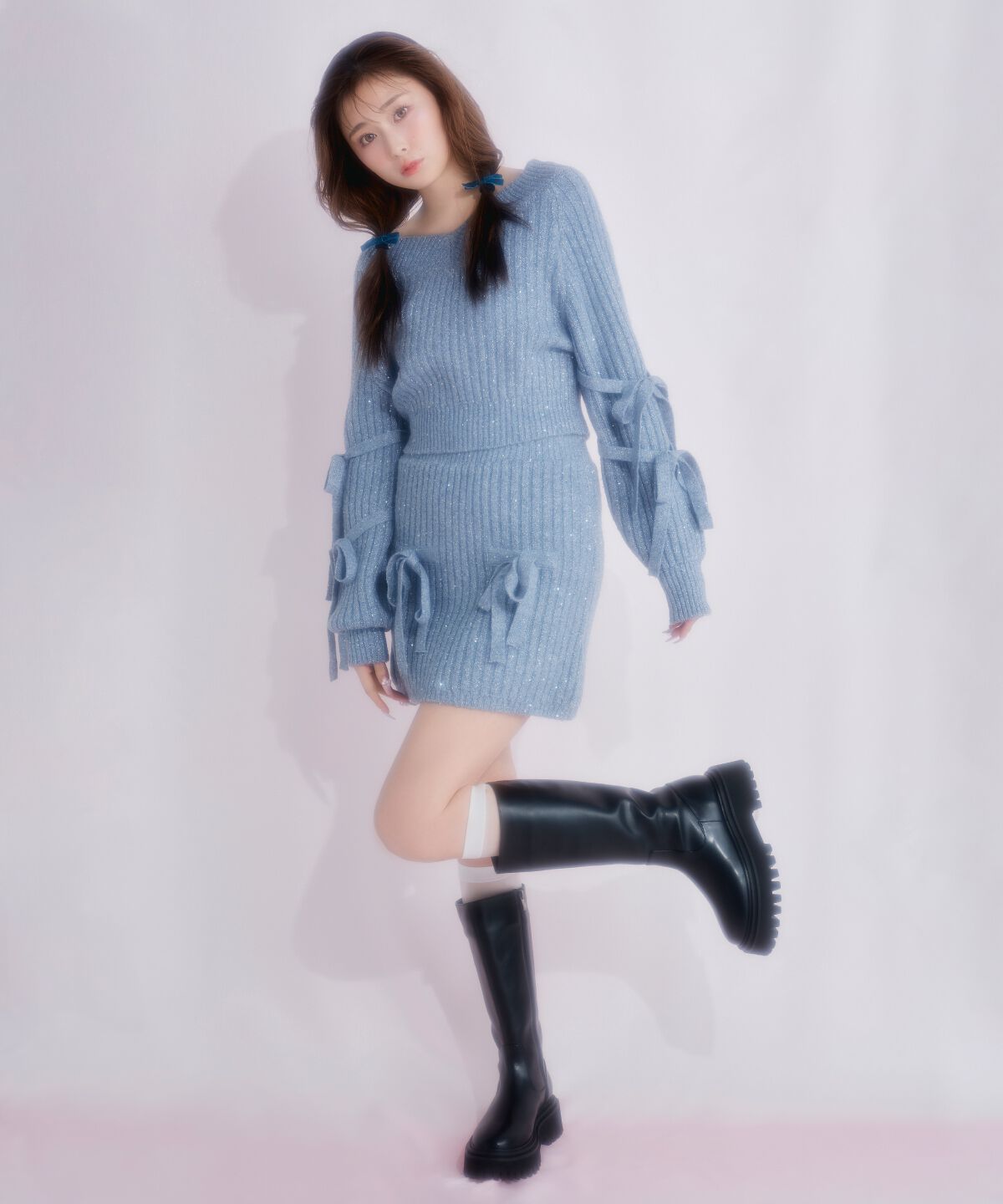 REDYAZEL「ラメスパンコールニットミニスカート」|タイト|ブルー