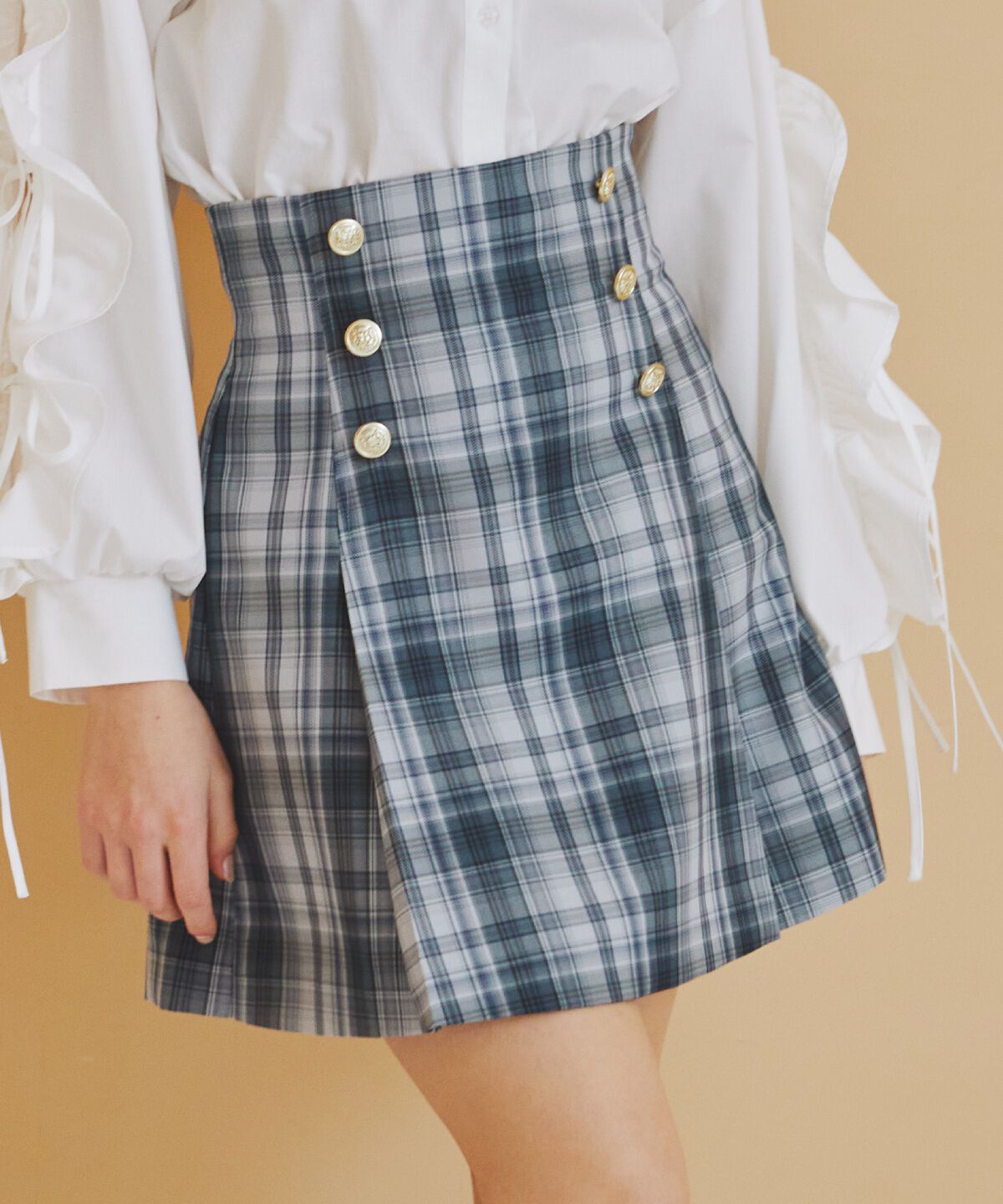 REDYAZEL「ダブルボタンチェックミニスカート」|フレア|