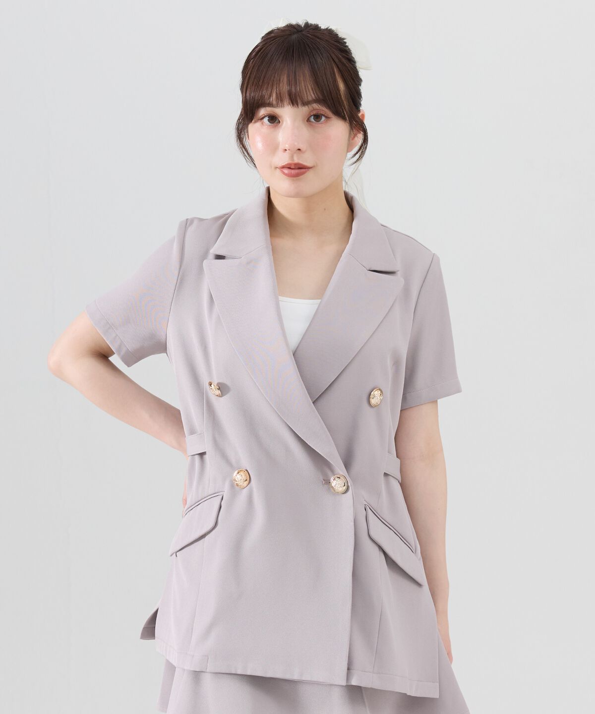 REDYAZEL「サイドベルト半袖ダブルジャケット」|テーラードジャケット|グレー