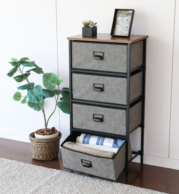 B-COMPANY「たっぷり入る万能チェスト　セラミック風チェスト4段／幅45cm」|タオル|