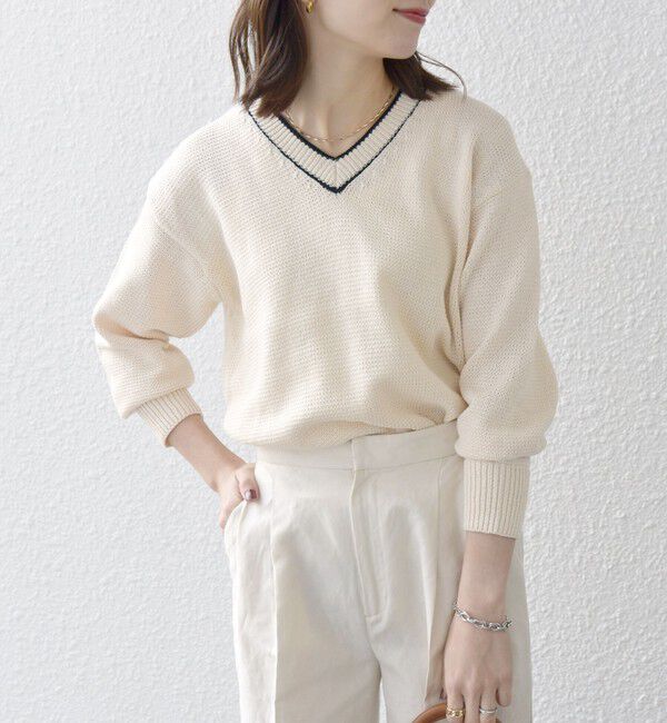 SHIPS any「SHIPS any:〈手洗い可能〉リリヤーン ライン Vネック ニット プルオーバー」|ニット・セーター|