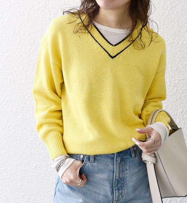 SHIPS any「SHIPS any:〈手洗い可能〉リリヤーン ライン Vネック ニット プルオーバー」|ニット・セーター|イエロー