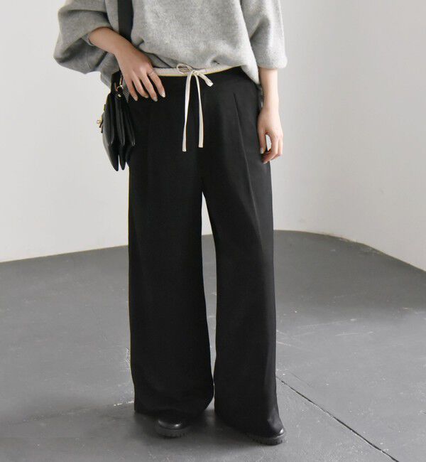 quaranciel「quaranciel:〈洗濯機可能〉シルキー サテン ダブルウエスト ワイド パンツ」|その他|ブラック