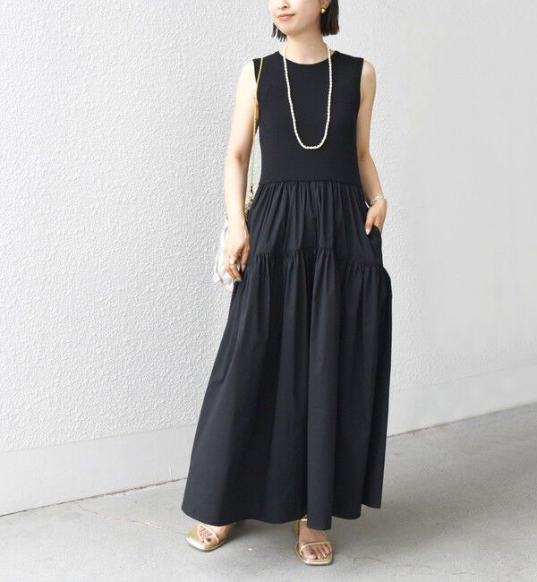 SHIPS for women「〈手洗い可能〉コットン リブ ノースリーブ &times; 布帛 スカート ワンピース」|ワンピース|ブラック