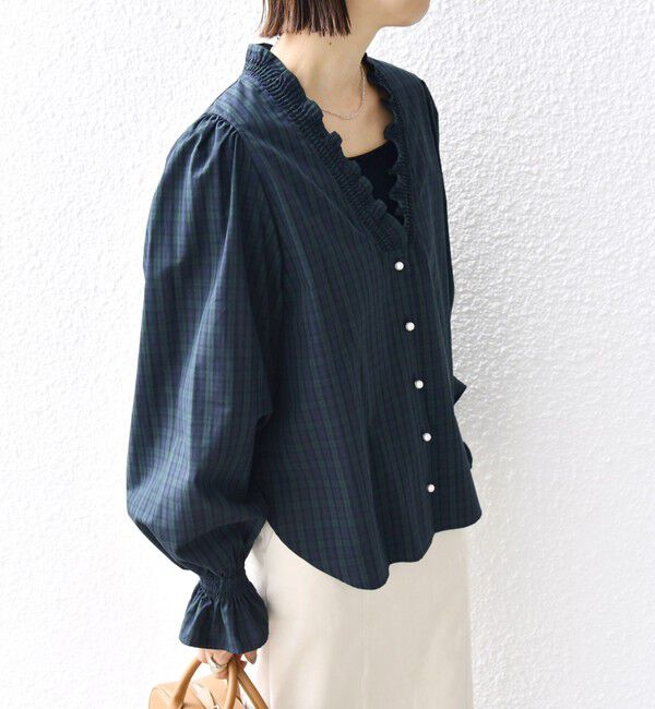 SHIPS for women「【WEB限定】〈手洗い可能〉 シャーリング Vネック 長袖 ブラウス」|シャツ・ブラウス|