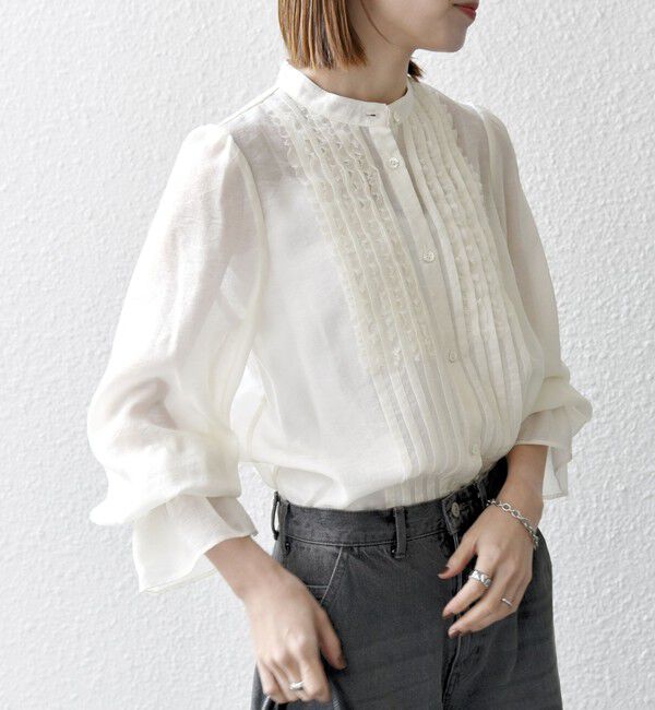 SHIPS any「《予約》SHIPS any:〈手洗い可能〉シアー フリル バンドカラー シャツ ブラウス」|シャツ・ブラウス|