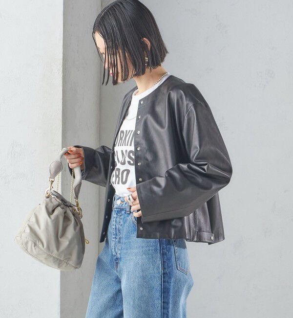 SHIPS for women「SHEEP レザー ノーカラー ブルゾン」|ノーカラージャケット|