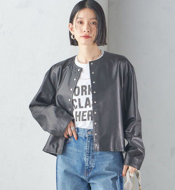 SHIPS for women「SHEEP レザー ノーカラー ブルゾン」|ノーカラージャケット|