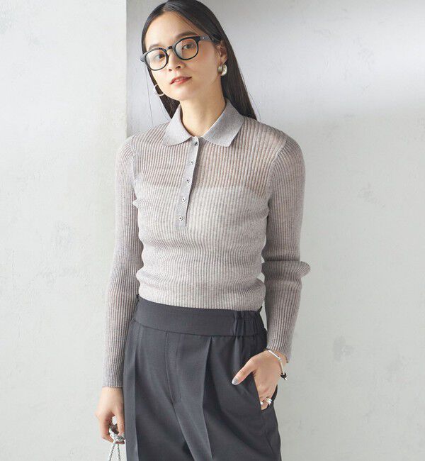 SHIPS for women「〈手洗い可能〉シアー リブ 長袖 ポロ ニット」|ニット・セーター|