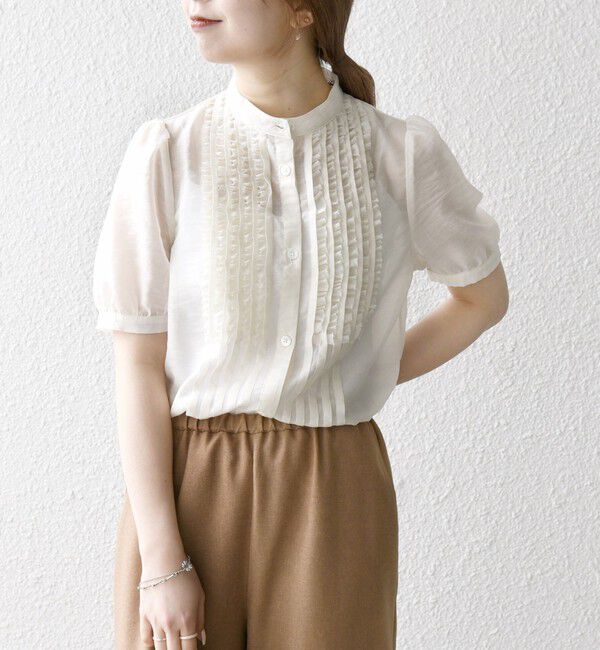 SHIPS any「SHIPS any:〈手洗い可能〉シアー フリル バンドカラー パフ シャツ ブラウス」|シャツ・ブラウス|