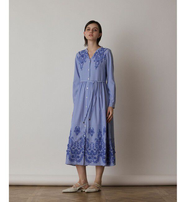  「ストライプ刺繍ワンピース」|ワンピース|ブルー
