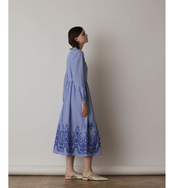  「ストライプ刺繍ワンピース」|ワンピース|