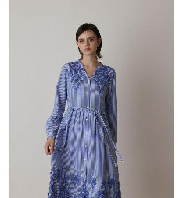  「ストライプ刺繍ワンピース」|ワンピース|