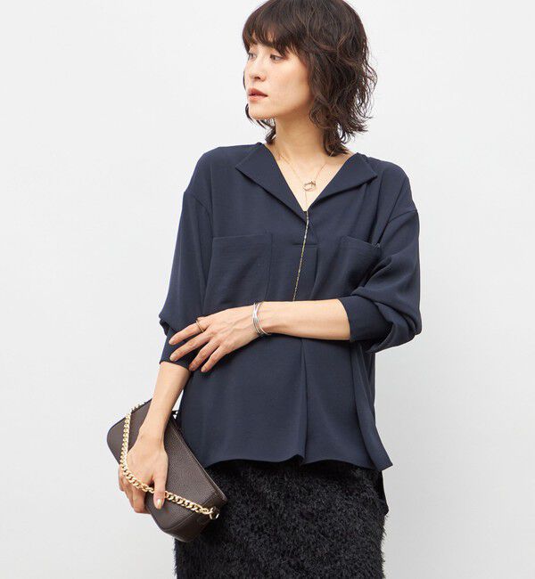 NOLLEY'S sophi「ウォッシャブルバックサテンジョーゼットオープンカラーブラウス」|シャツ・ブラウス|ネイビー
