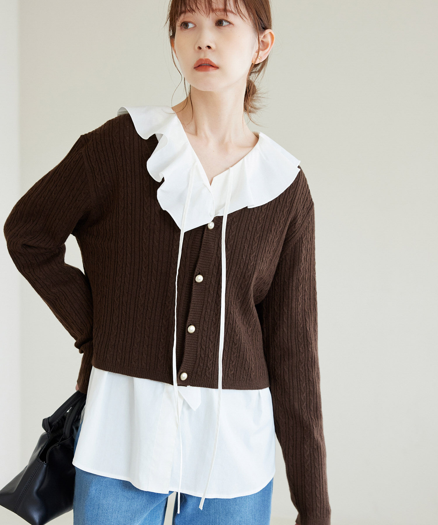 Rope&rsquo;Picnic「ケーブル編みショート丈ニットカーディガン」|カーディガン|ダークブラウン(20)