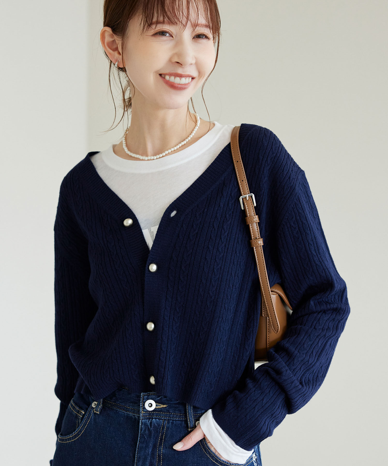 Rope&rsquo;Picnic「ケーブル編みショート丈ニットカーディガン」|カーディガン|ネイビー(40)