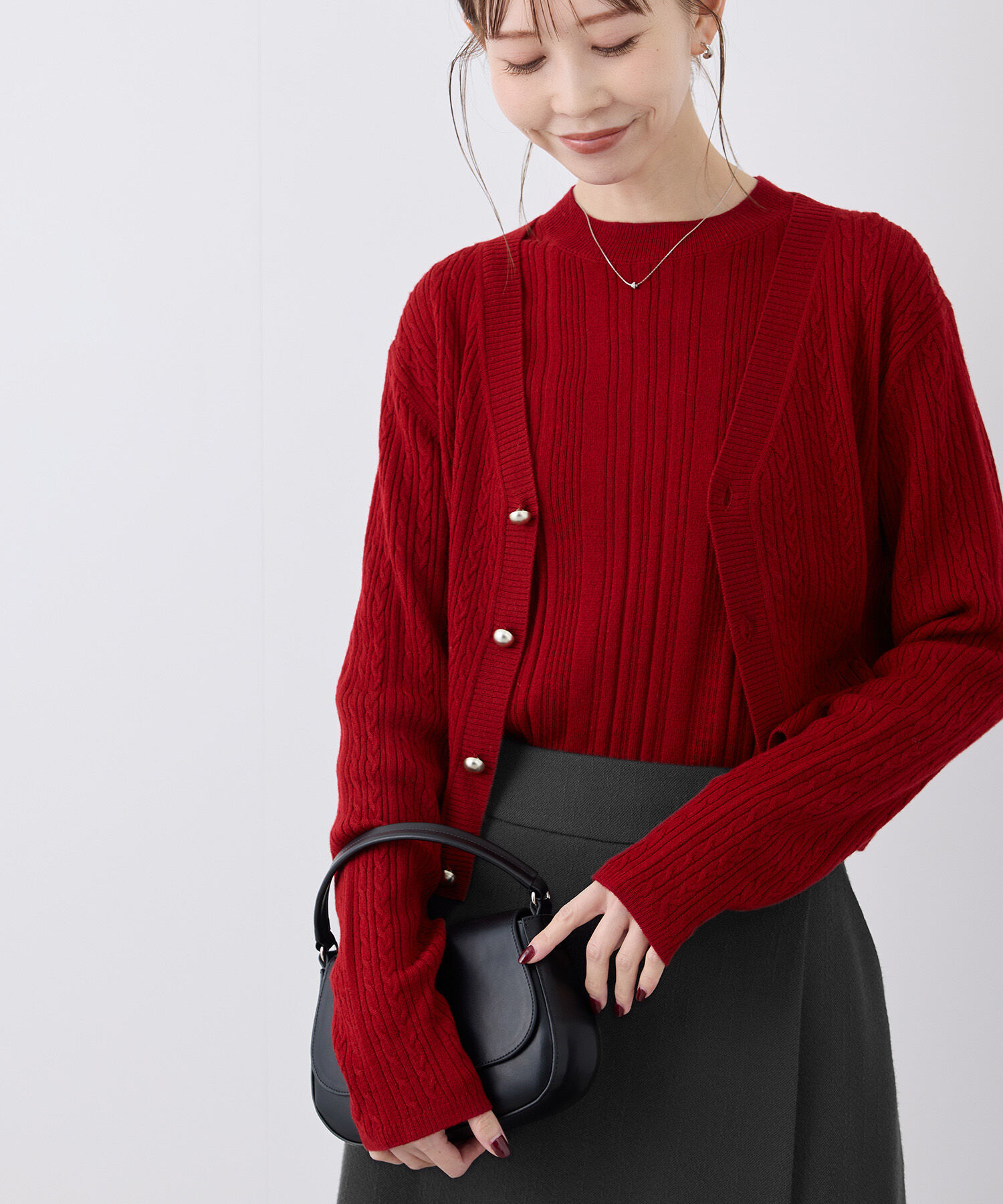 Rope&rsquo;Picnic「ケーブル編みショート丈ニットカーディガン」|カーディガン|レッド(60)