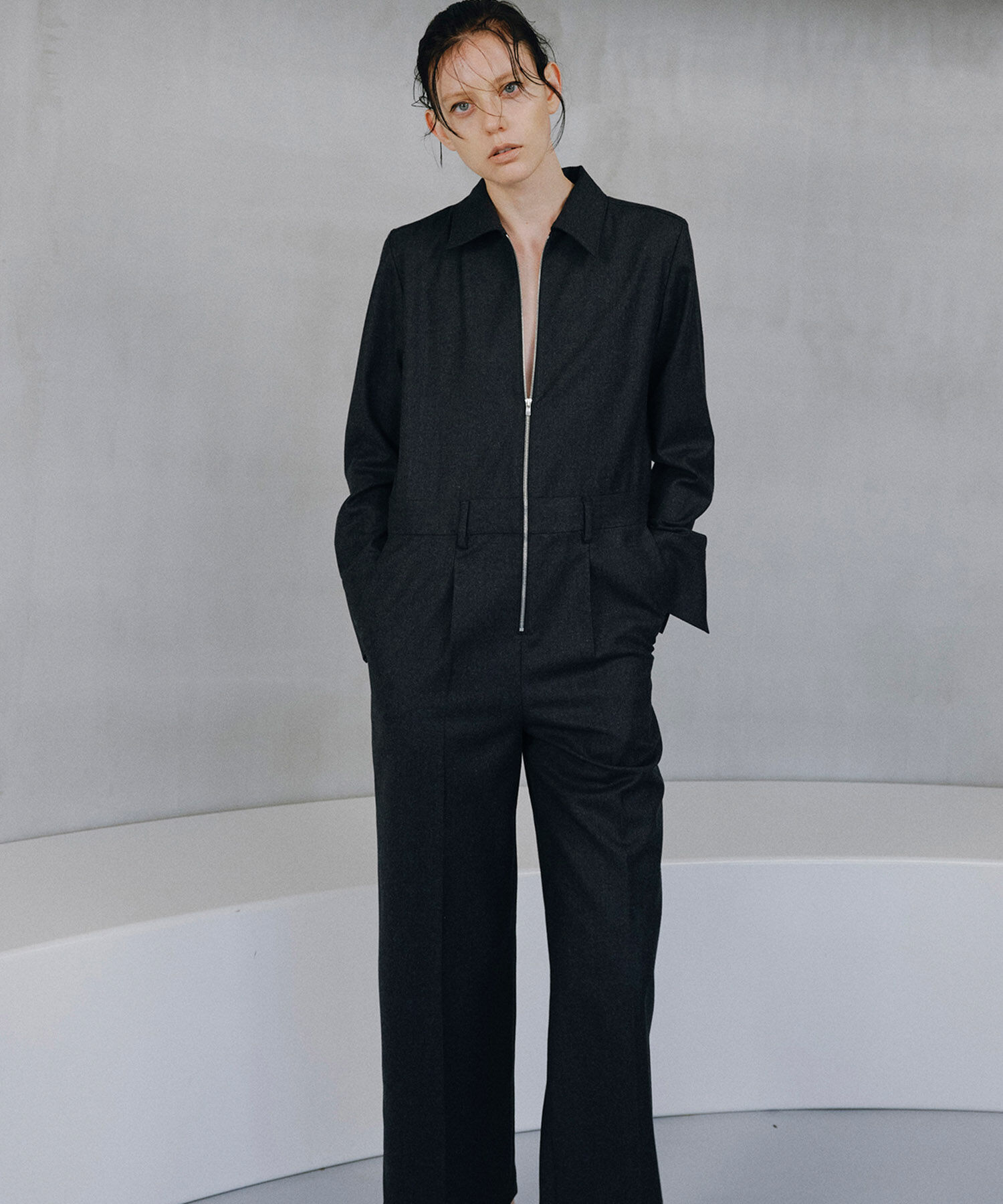 ADAM ET ROPE'「フラノシャツカラーZIPオールインワン」|オールインワン|