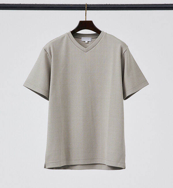 ABAHOUSE「【チェック柄】ジャガード Vネック 半袖 Tシャツ」|Tシャツ・カットソー|グレージュ