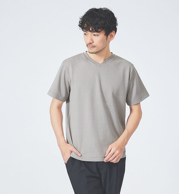 ABAHOUSE「【チェック柄】ジャガード Vネック 半袖 Tシャツ」|Tシャツ・カットソー|