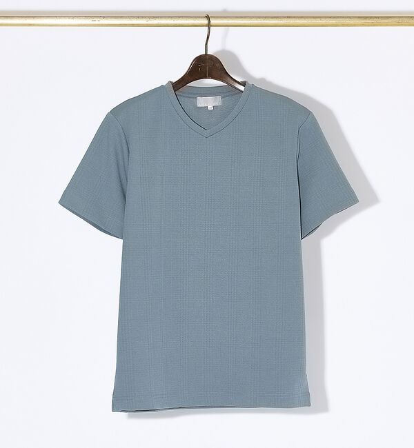 ABAHOUSE「【チェック柄】ジャガード Vネック 半袖 Tシャツ」|Tシャツ・カットソー|サックスブルー