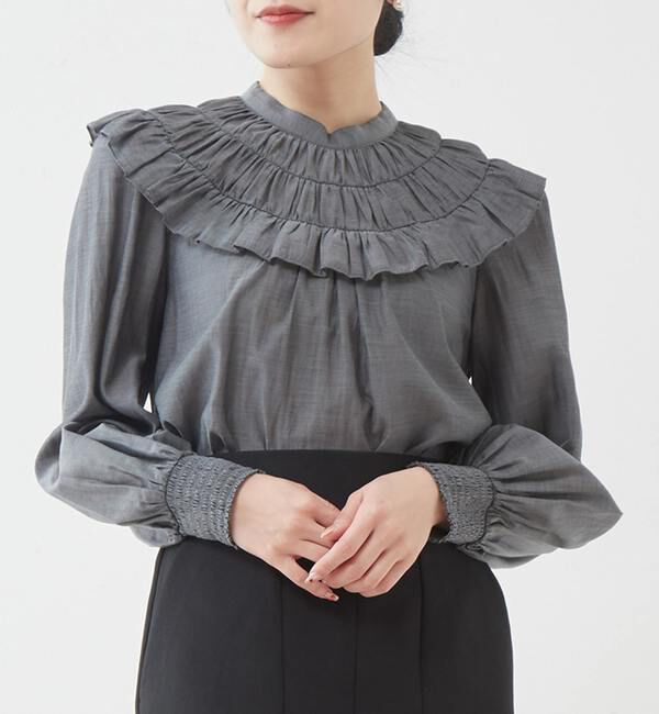 TIARA「フリルネックブラウス」|シャツ・ブラウス|グレー