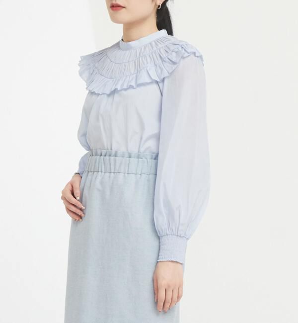 TIARA「フリルネックブラウス」|シャツ・ブラウス|サックス