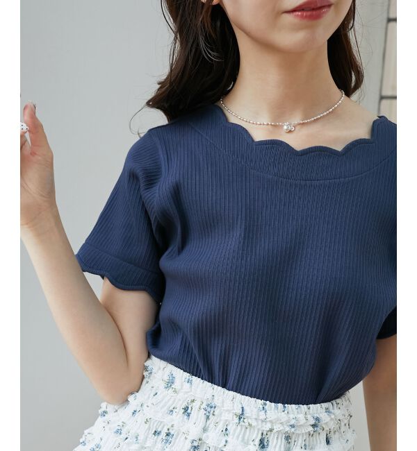  「スカラップデザイントップス」|Tシャツ・カットソー|ネイビー