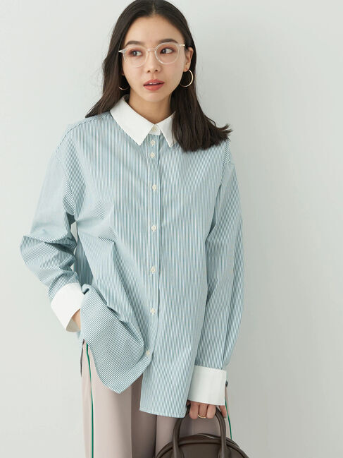 earth music&ecology「クレリックシャツ」|シャツ・ブラウス|ストライプグリーン