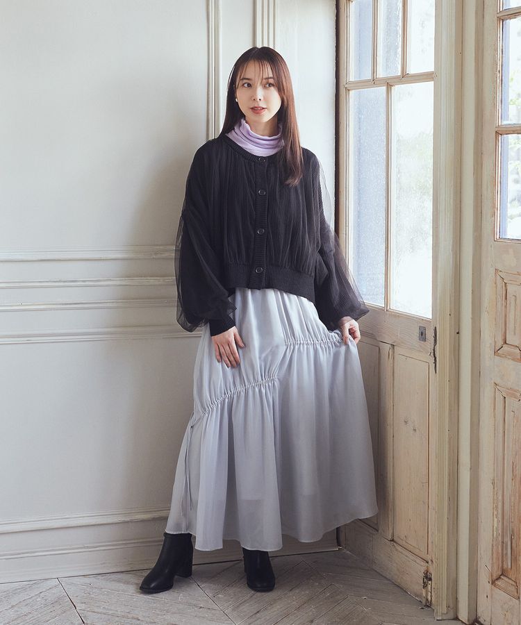 earth music&ecology「シャイニーアシンメトリーギャザースカート」|フレア|