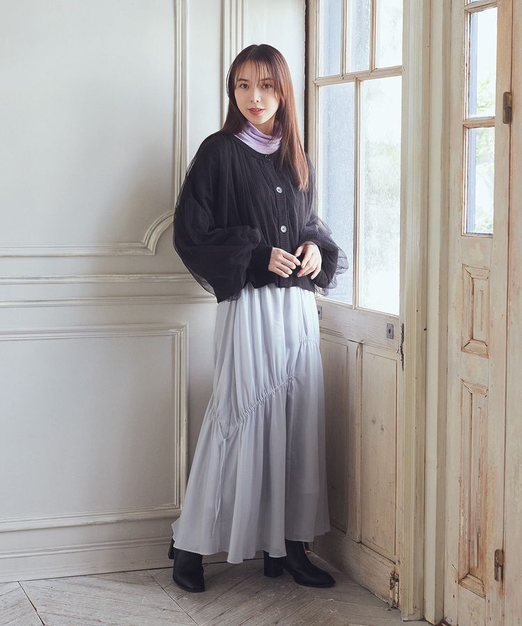 earth music&ecology「シャイニーアシンメトリーギャザースカート」|フレア|