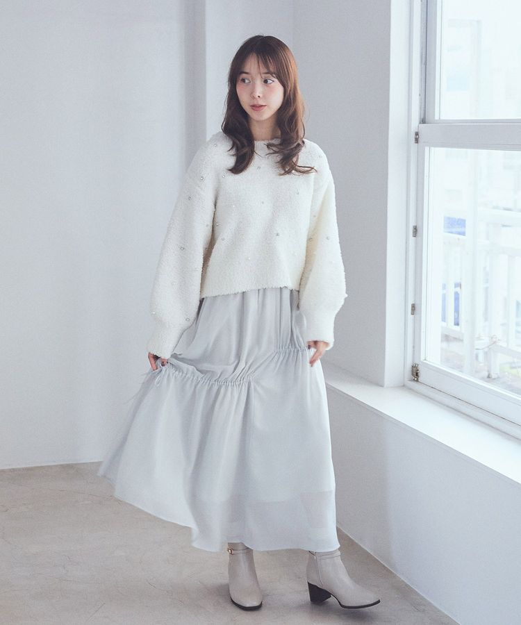 earth music&ecology「シャイニーアシンメトリーギャザースカート」|フレア|