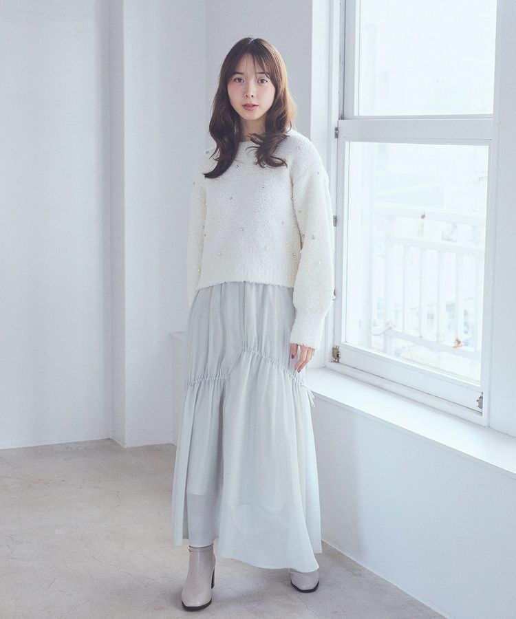 earth music&ecology「シャイニーアシンメトリーギャザースカート」|フレア|