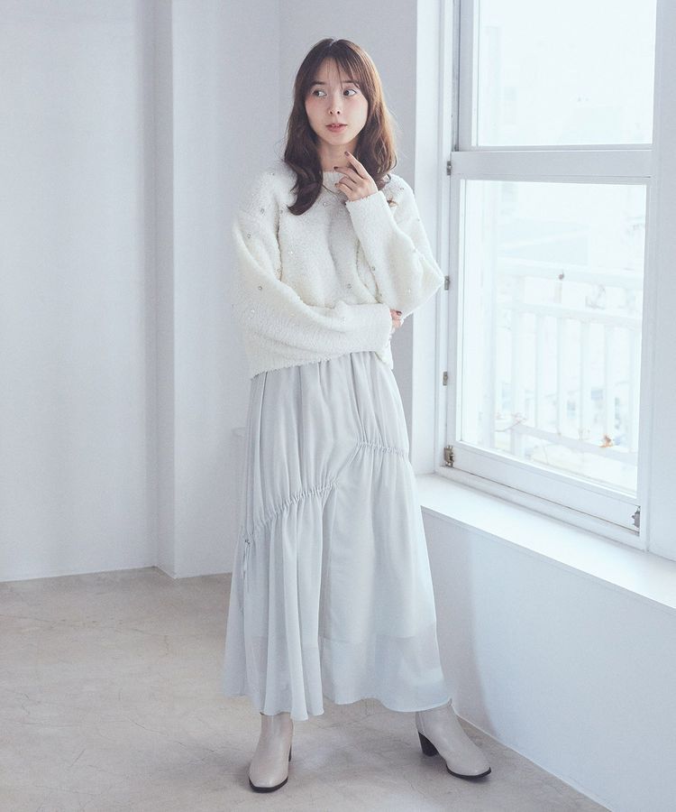 earth music&ecology「シャイニーアシンメトリーギャザースカート」|フレア|