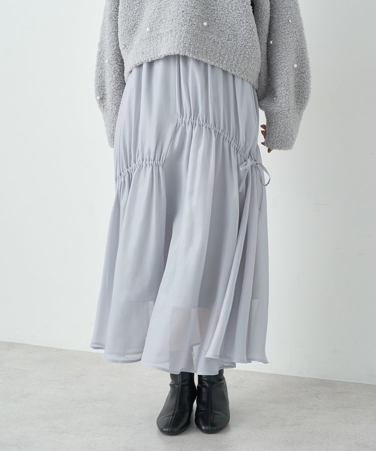 earth music&ecology「シャイニーアシンメトリーギャザースカート」|フレア|