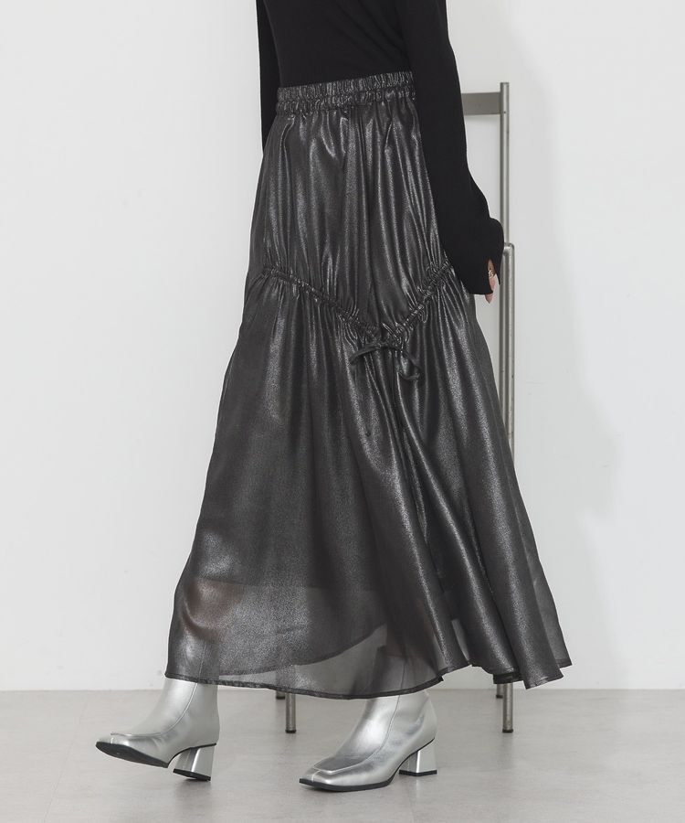 earth music&ecology「シャイニーアシンメトリーギャザースカート」|フレア|