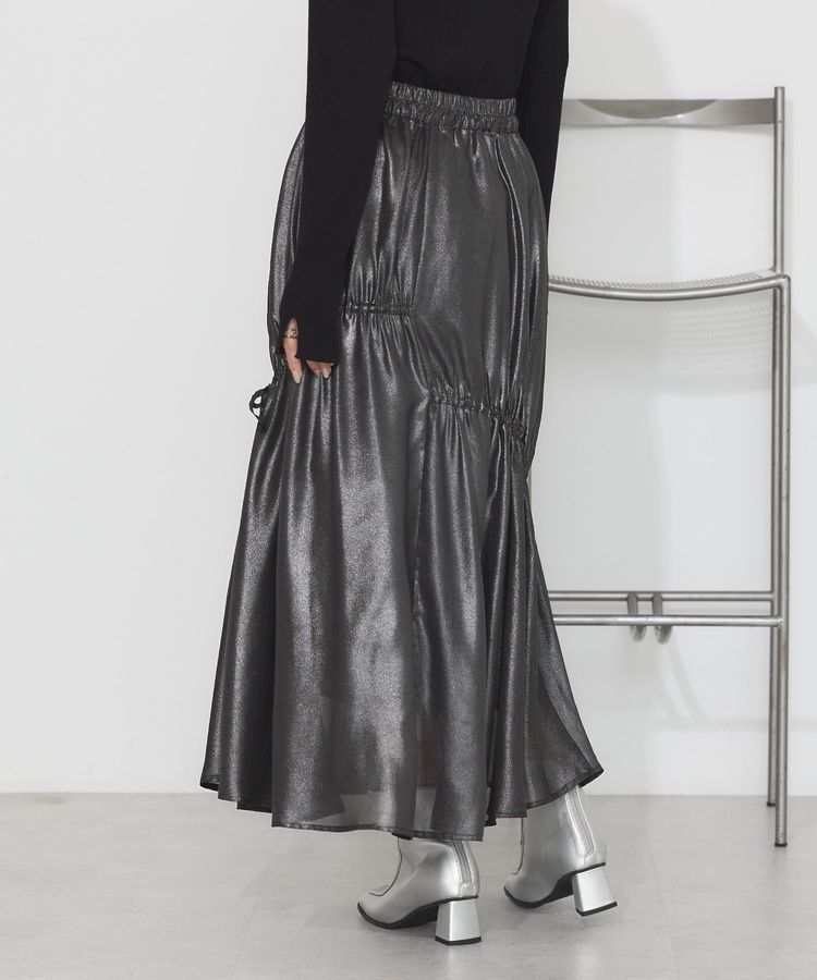 earth music&ecology「シャイニーアシンメトリーギャザースカート」|フレア|