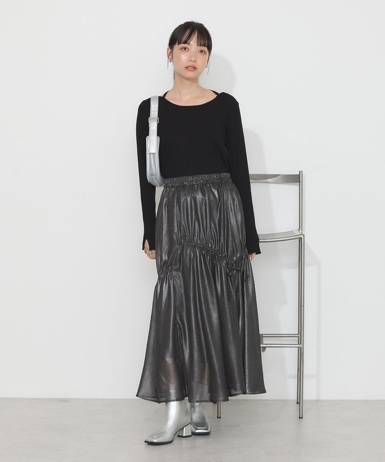 earth music&ecology「シャイニーアシンメトリーギャザースカート」|フレア|