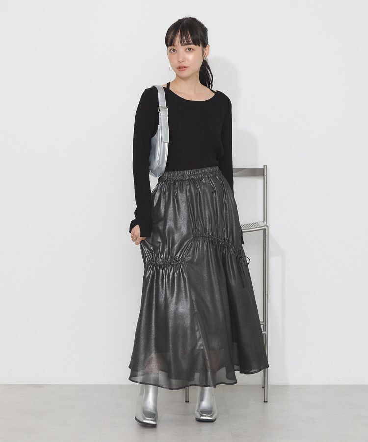 earth music&ecology「シャイニーアシンメトリーギャザースカート」|フレア|