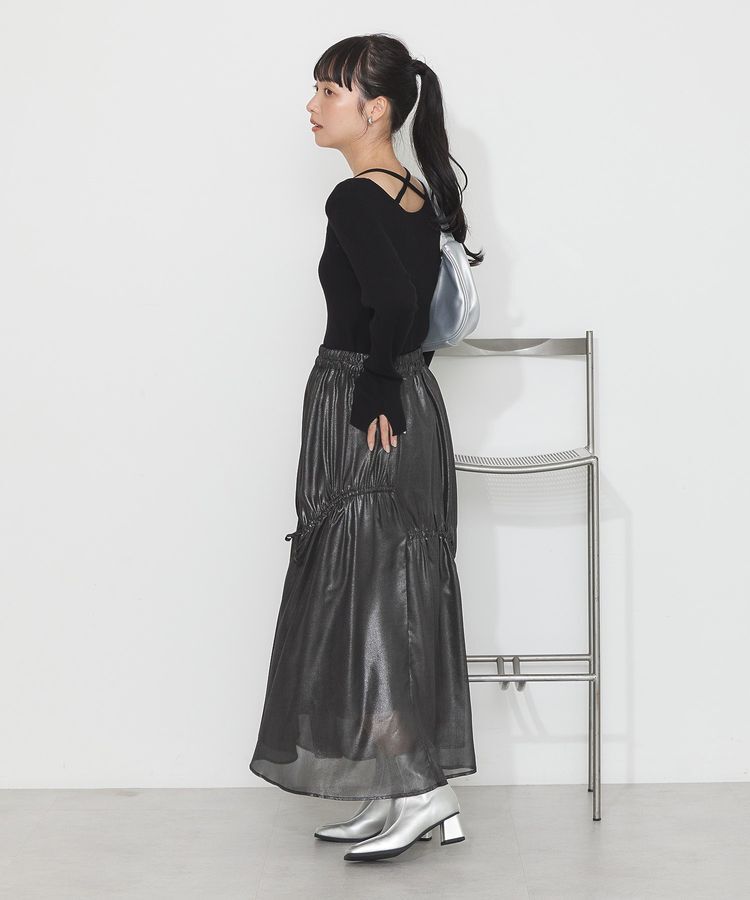 earth music&ecology「シャイニーアシンメトリーギャザースカート」|フレア|