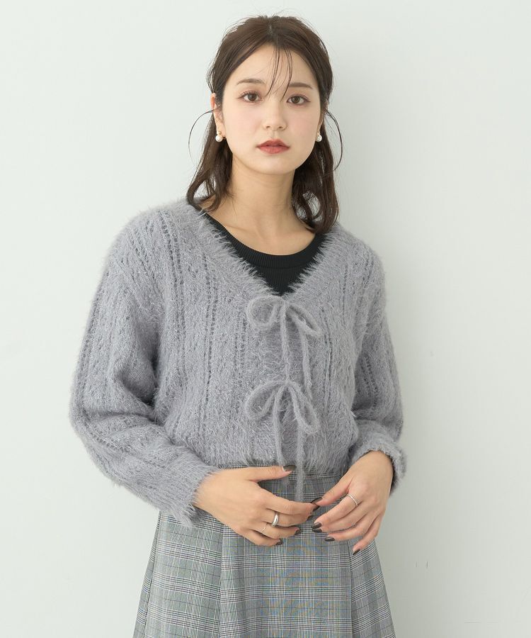 earth music&ecology「フェザーラメフロントリボンニットカーディガン」|カーディガン|