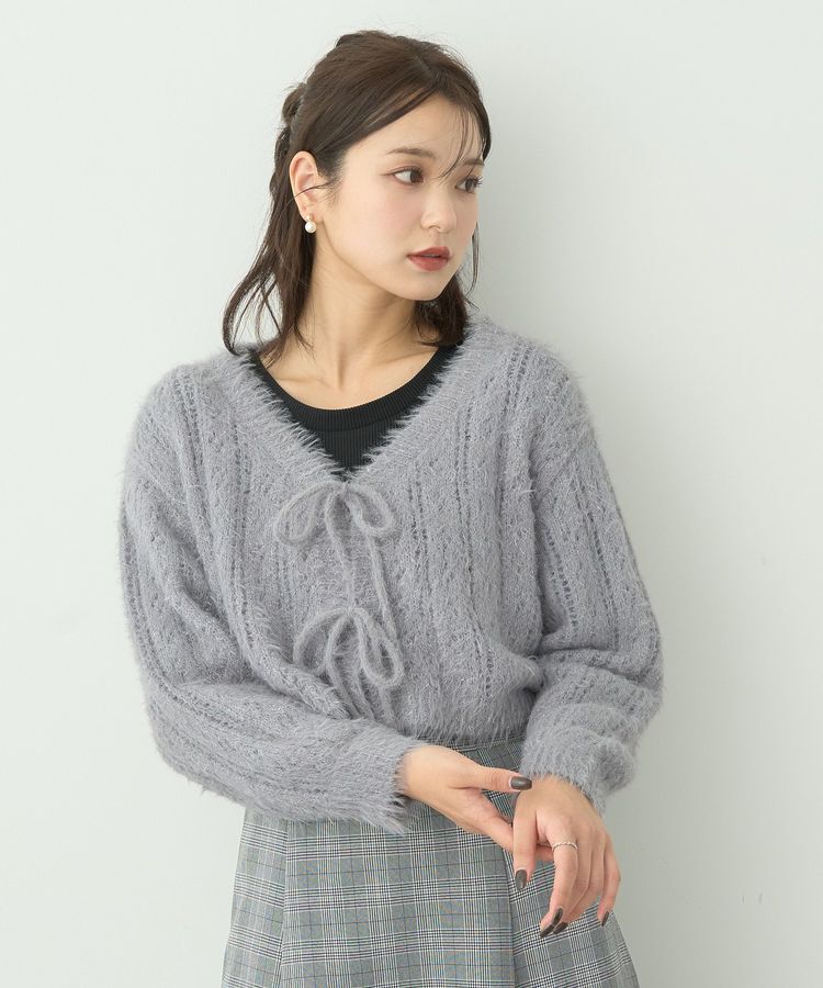 earth music&ecology「フェザーラメフロントリボンニットカーディガン」|カーディガン|