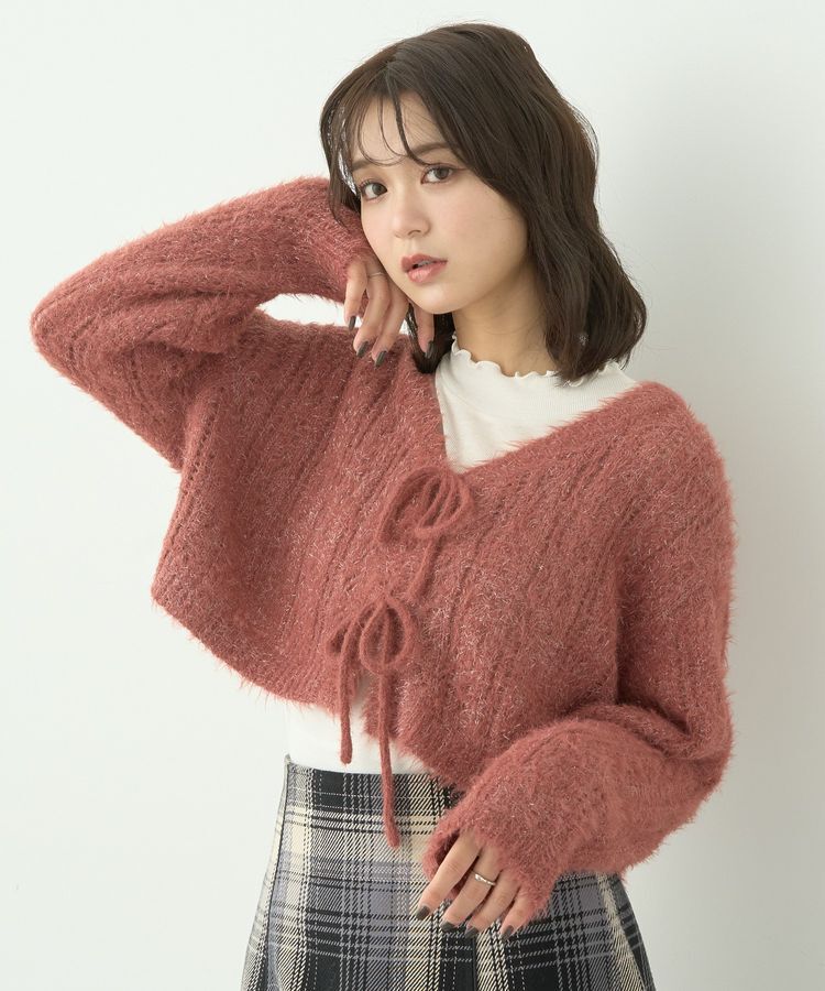 earth music&ecology「フェザーラメフロントリボンニットカーディガン」|カーディガン|Pink