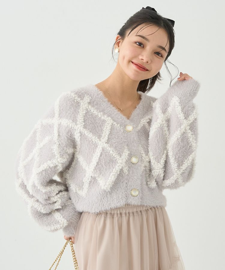 earth music&ecology「シャギーダイヤ柄ショートニットカーディガン」|カーディガン|Light Gray