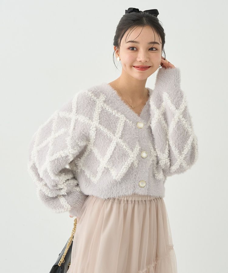 earth music&ecology「シャギーダイヤ柄ショートニットカーディガン」|カーディガン|