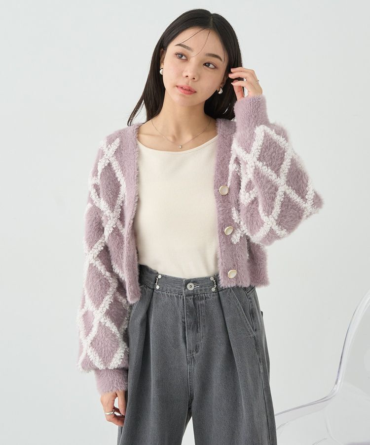 earth music&ecology「シャギーダイヤ柄ショートニットカーディガン」|カーディガン|